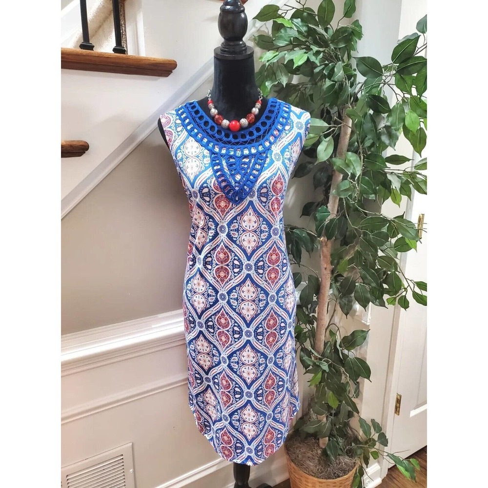 Kim Roger's Women Blue Polyester Round Neck Sleeveless Knee Length Dress Size XL